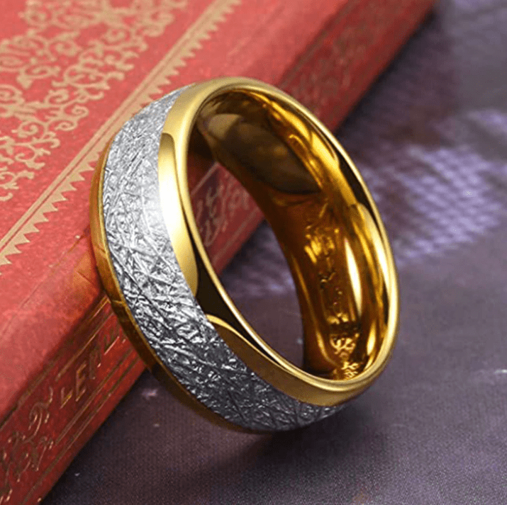 VVS Jewelry hip hop jewelry 8MM Gold/Silver Tungsten Carbide with Vintage Meteorites Pattern Inlay Wedding Band Ring