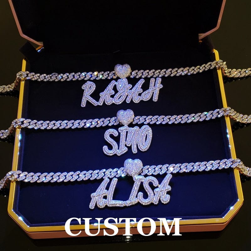 VVS Jewelry hip hop jewelry 9MM Heart Bail Brush Cursive Cuban Name Pendant