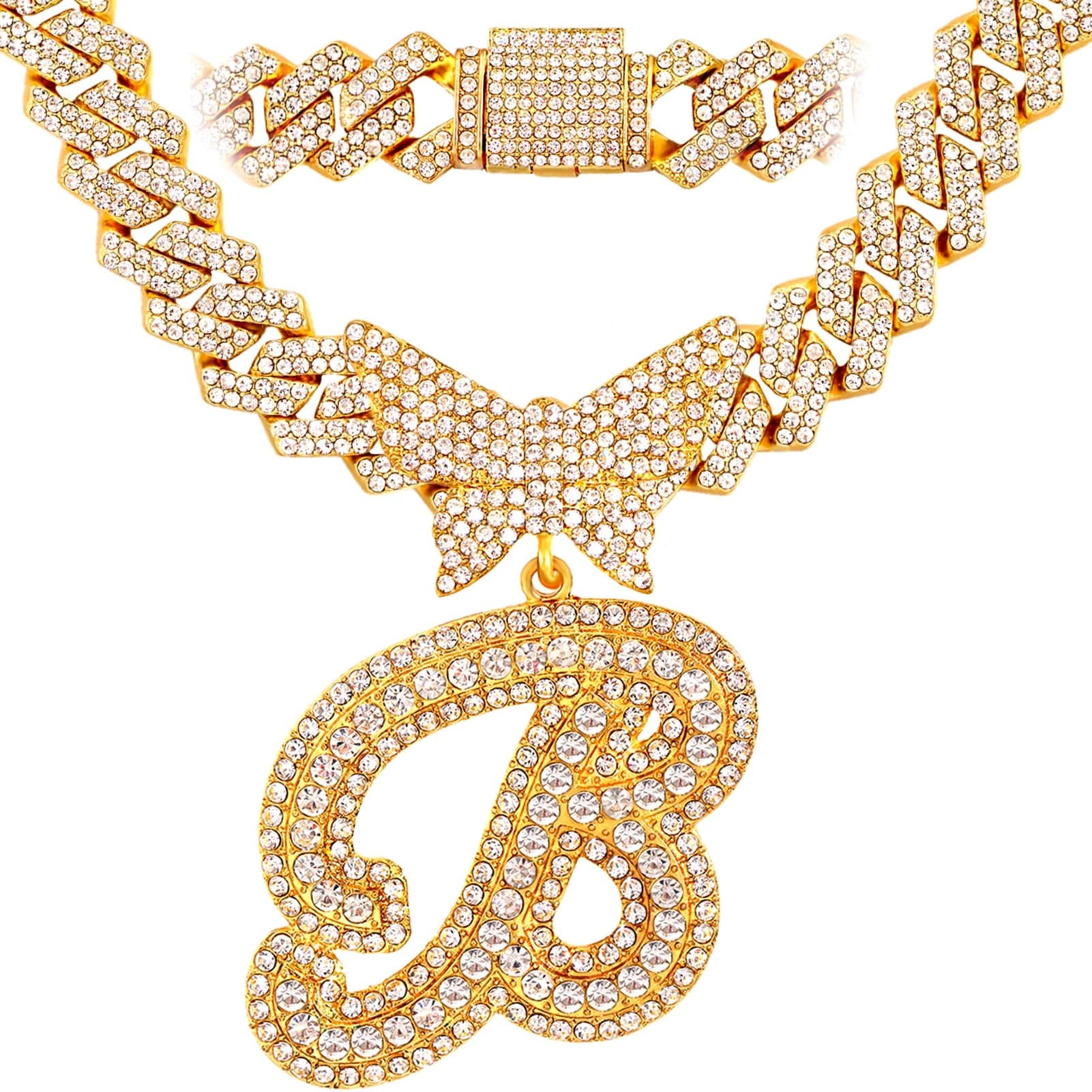 VVS Jewelry hip hop jewelry B / Gold Bling Butterfly Letter Cuban Link Chain