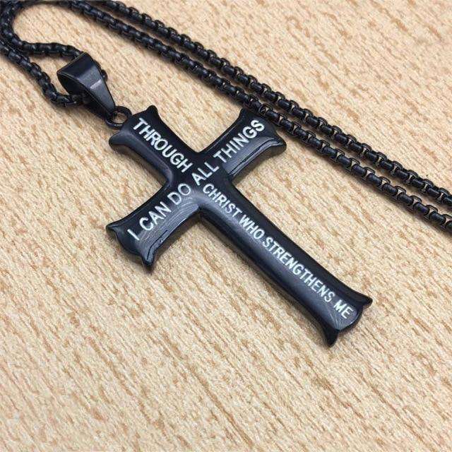 VVS Jewelry hip hop jewelry Black / 60cm Men's Gold/Silver Stainless Steel Cross Jesus Piece Necklace Bible Verse With Curb Chain