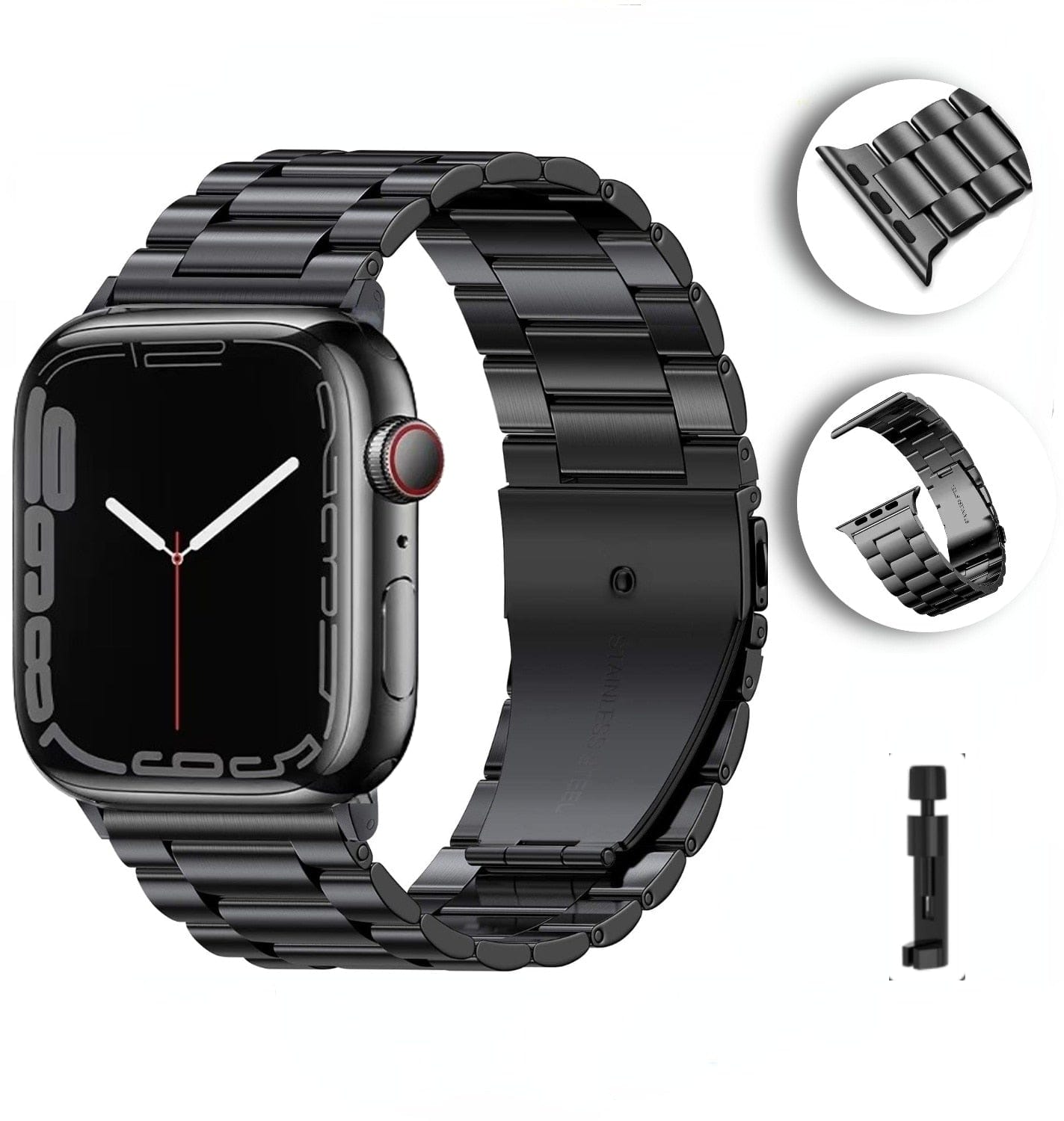VVS Jewelry hip hop jewelry Black/Silver Metal Apple Watch Band with Folding Buckle