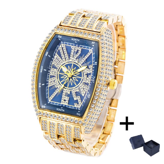 VVS Jewelry hip hop jewelry Blue-Gold Full Bling Iced AAA Reloj Watch