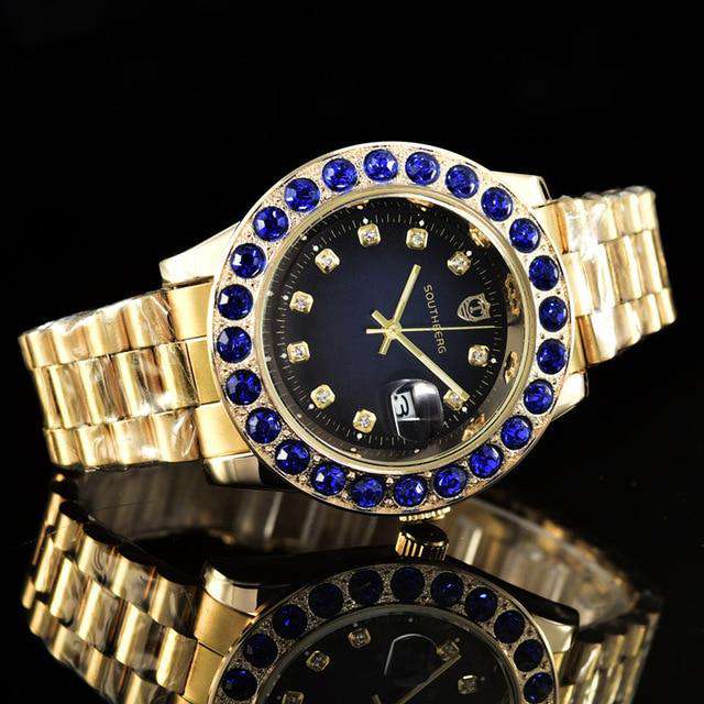 VVS Jewelry hip hop jewelry Blue Gold Rollie Style Watch in Rotatable Bezel Sapphire Glass