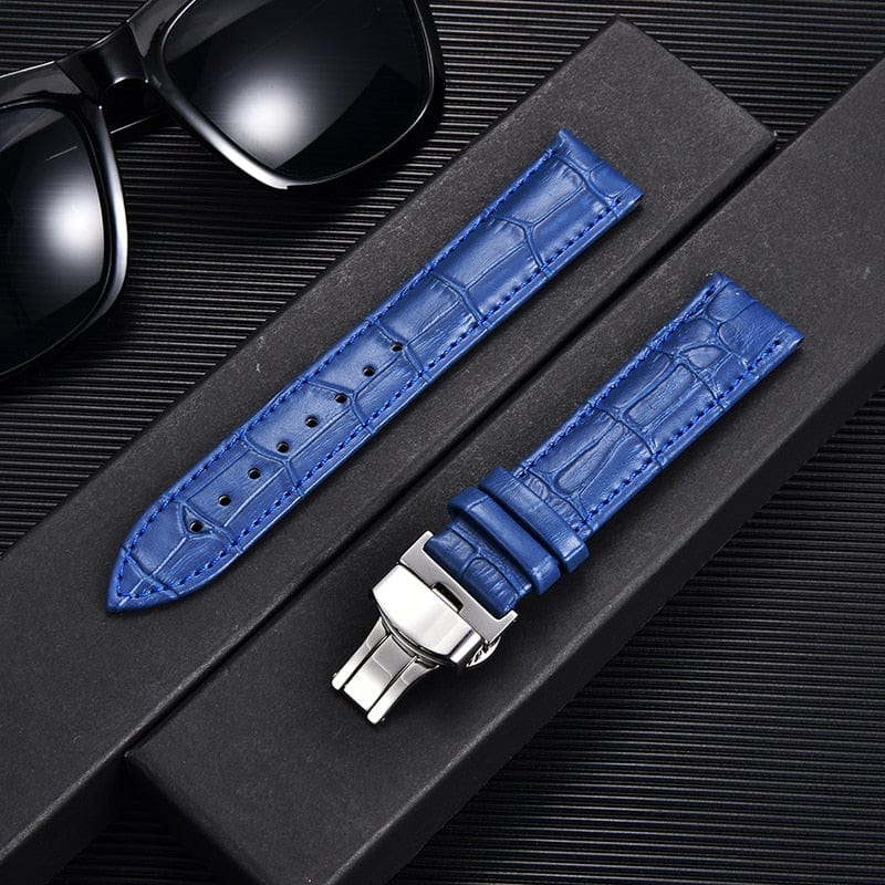 VVS Jewelry hip hop jewelry Blue-silver / 18mm Bamboo Pattern Leather Watch Strap