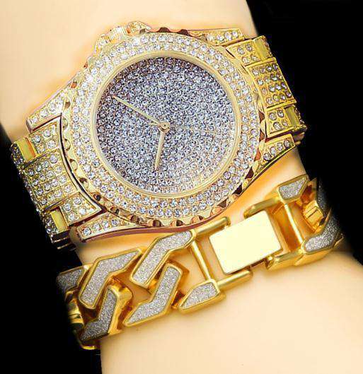 VVS Jewelry hip hop jewelry Combo Set Gold Bling Geometric Bracelet + Watch Set