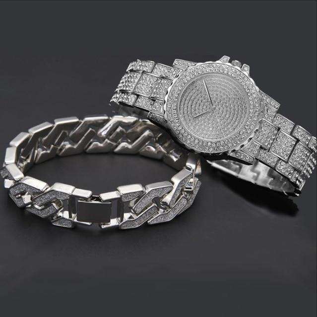 VVS Jewelry hip hop jewelry Combo Set Silver Bling Geometric Bracelet + Watch Set