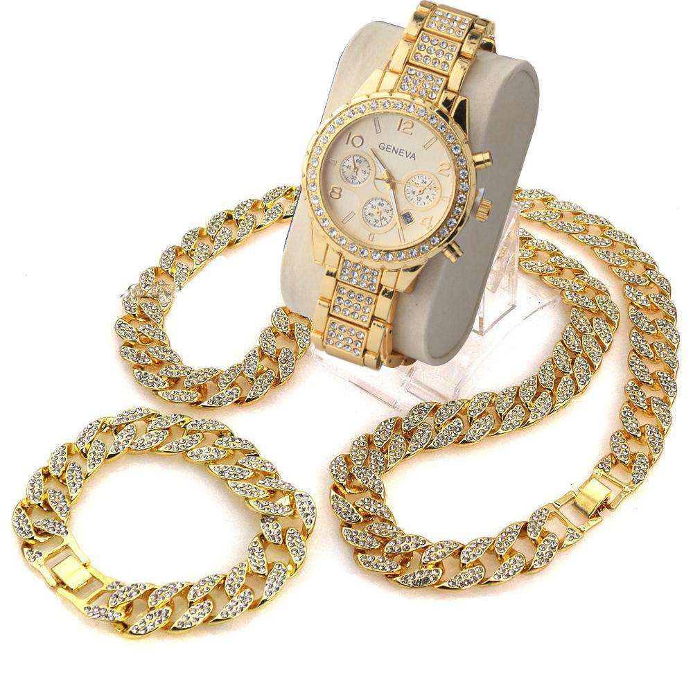 VVS Jewelry hip hop jewelry Cuban Gangsta Cuban Chain + Bracelet + Watch Set