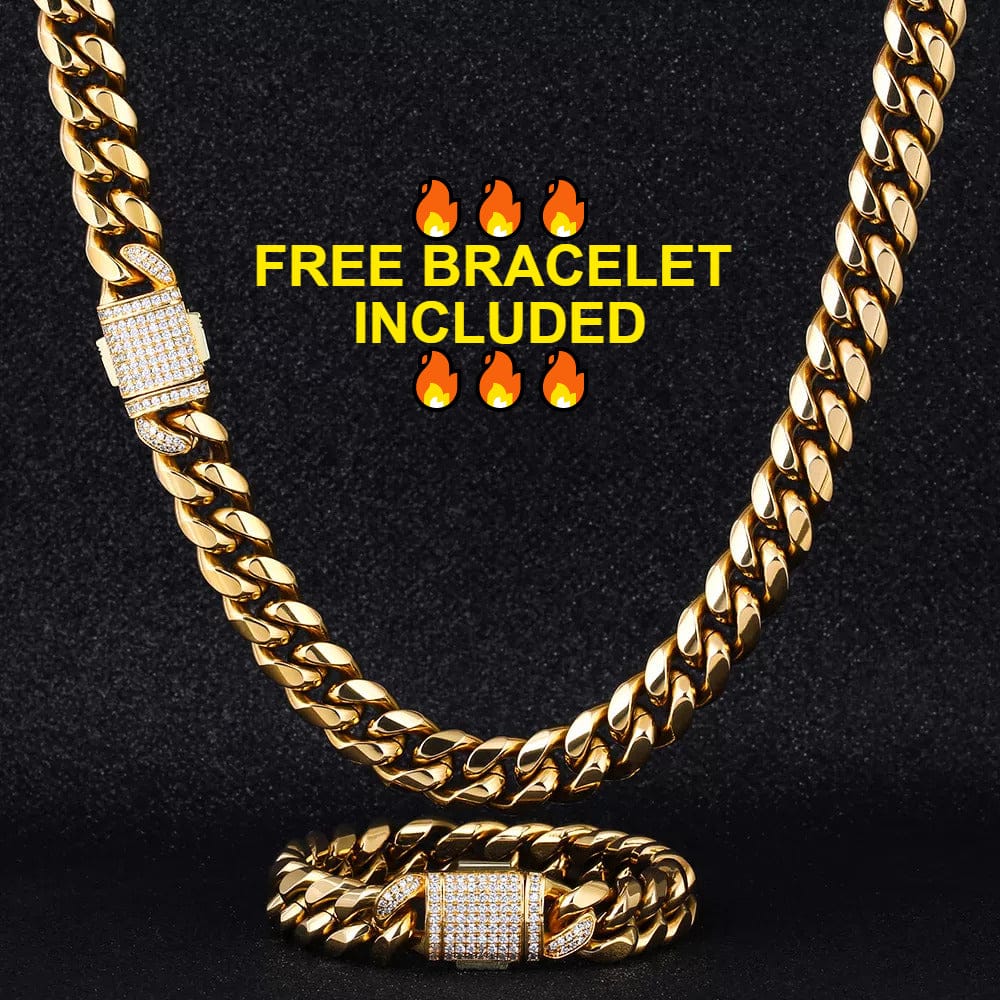 VVS Jewelry hip hop jewelry Cuban Gold / 10mm / 18 Inch VVS Jewelry 316L Stainless Steel 18k Gold/Silver Cuban Chain + FREE Bracelet Bundle