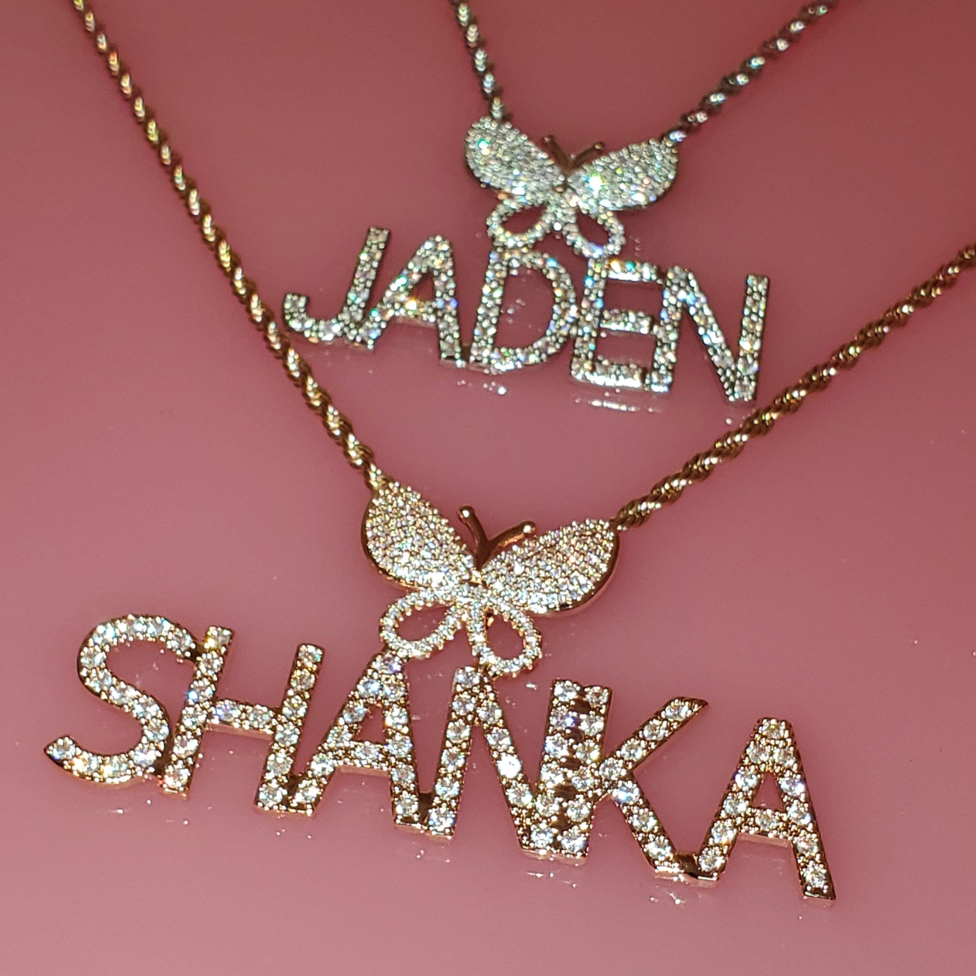 VVS Jewelry hip hop jewelry CUSTOM 2 LETTER / 16 Inch Rope Chain / GOLD Fully Iced Custom Butterfly Name Chain