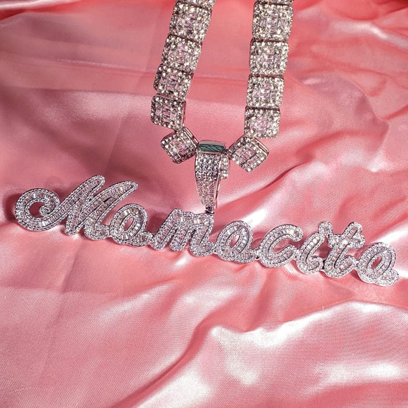VVS Jewelry hip hop jewelry Custom Brush Script Name Pendant with Baguette Tennis Chain