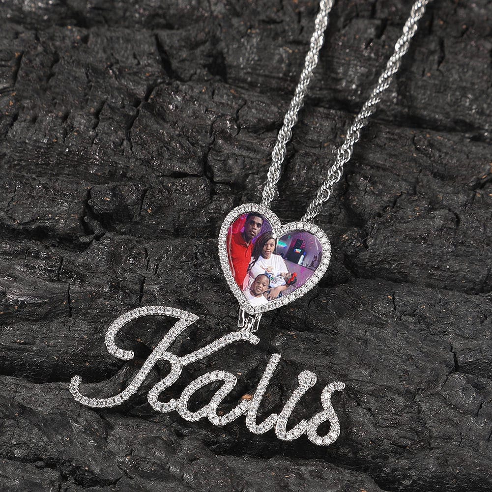 VVS Jewelry hip hop jewelry Custom Heart Photo Pendant with Cursive Letter Pendant Necklace