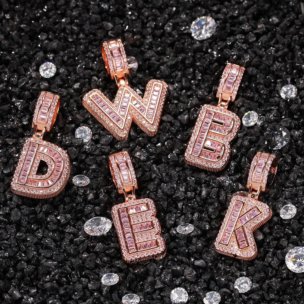 VVS Jewelry hip hop jewelry Custom Pink Baguette Initial Pendant Chain