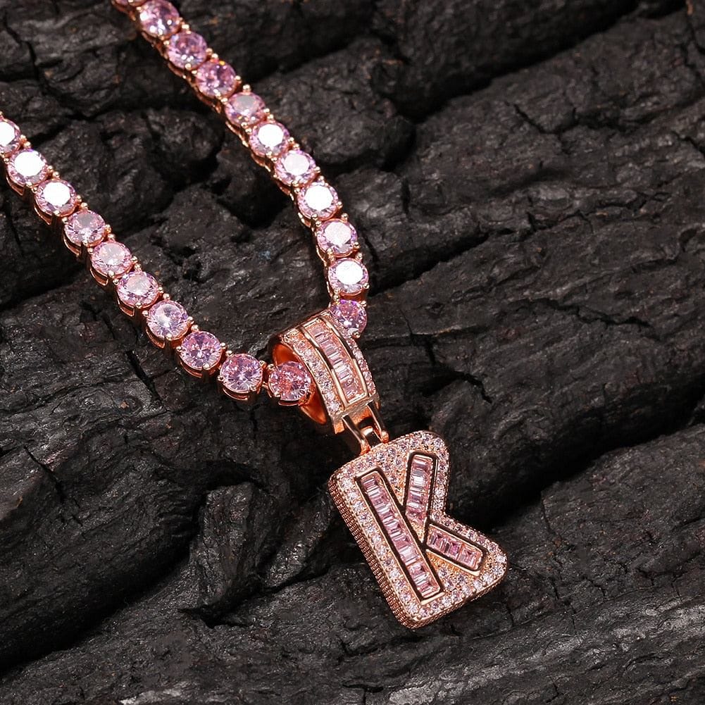 VVS Jewelry hip hop jewelry Custom Pink Baguette Initial Pendant Chain