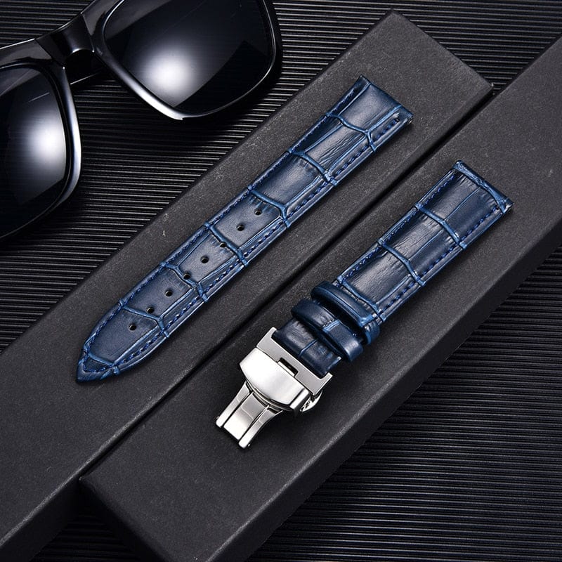VVS Jewelry hip hop jewelry Dark blue-silver / 18mm Bamboo Pattern Leather Watch Strap