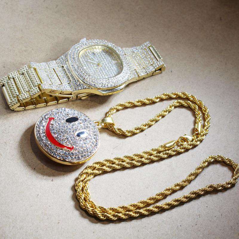 VVS Jewelry hip hop jewelry Everything Combo Set Iced Smiley Pendant + Watch Gift Set