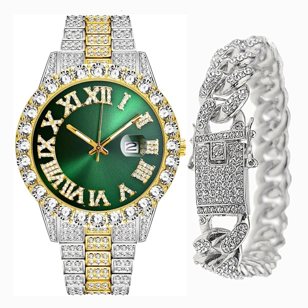 VVS Jewelry hip hop jewelry Fully Iced Bling Watch + Cuban Bracelet Bundle
