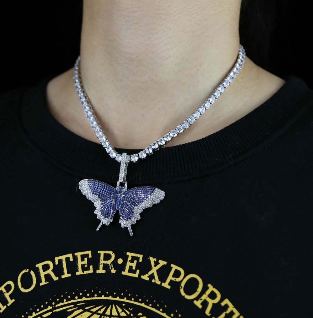 VVS Jewelry hip hop jewelry Fully Iced Butterfly Pendant Tennis Chain