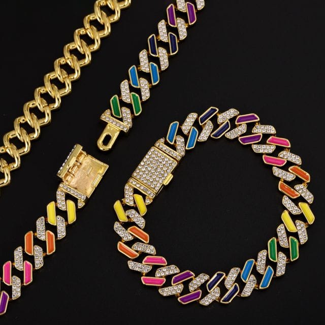 VVS Jewelry hip hop jewelry Gold / 16 Inch VVS Jewelry Rainbow Cuban Chain + FREE Bracelet Bundle