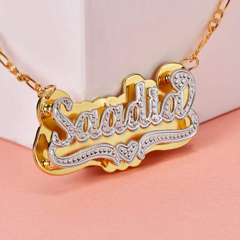 VVS Jewelry hip hop jewelry Gold / 16 Inches VVS Jewelry Heart Custom Two Tone Figaro Name Necklace