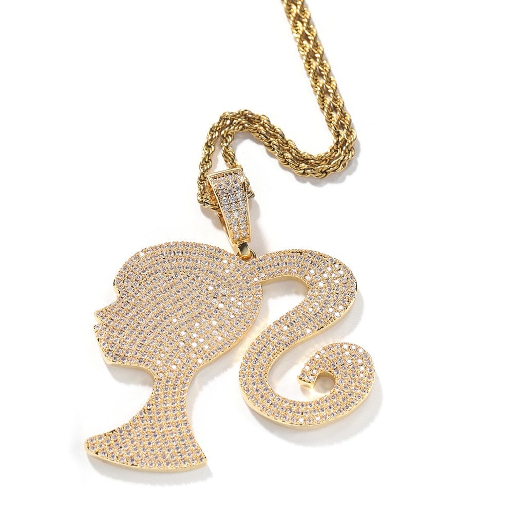 VVS Jewelry hip hop jewelry Gold / 16inch / 3mm Rope chain Fully Iced Barbie Pendant Necklace