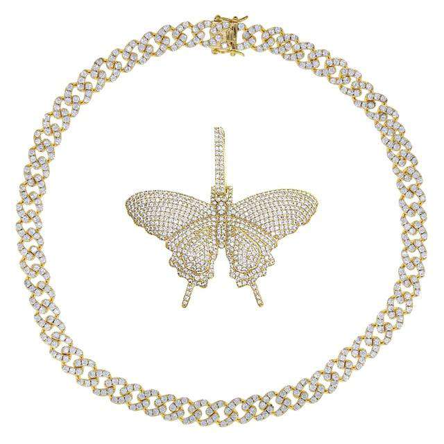 VVS Jewelry hip hop jewelry Gold / 16inch / 9mm VVS Jewelry Cuban Link Butterfly Choker + FREE Tennis Choker