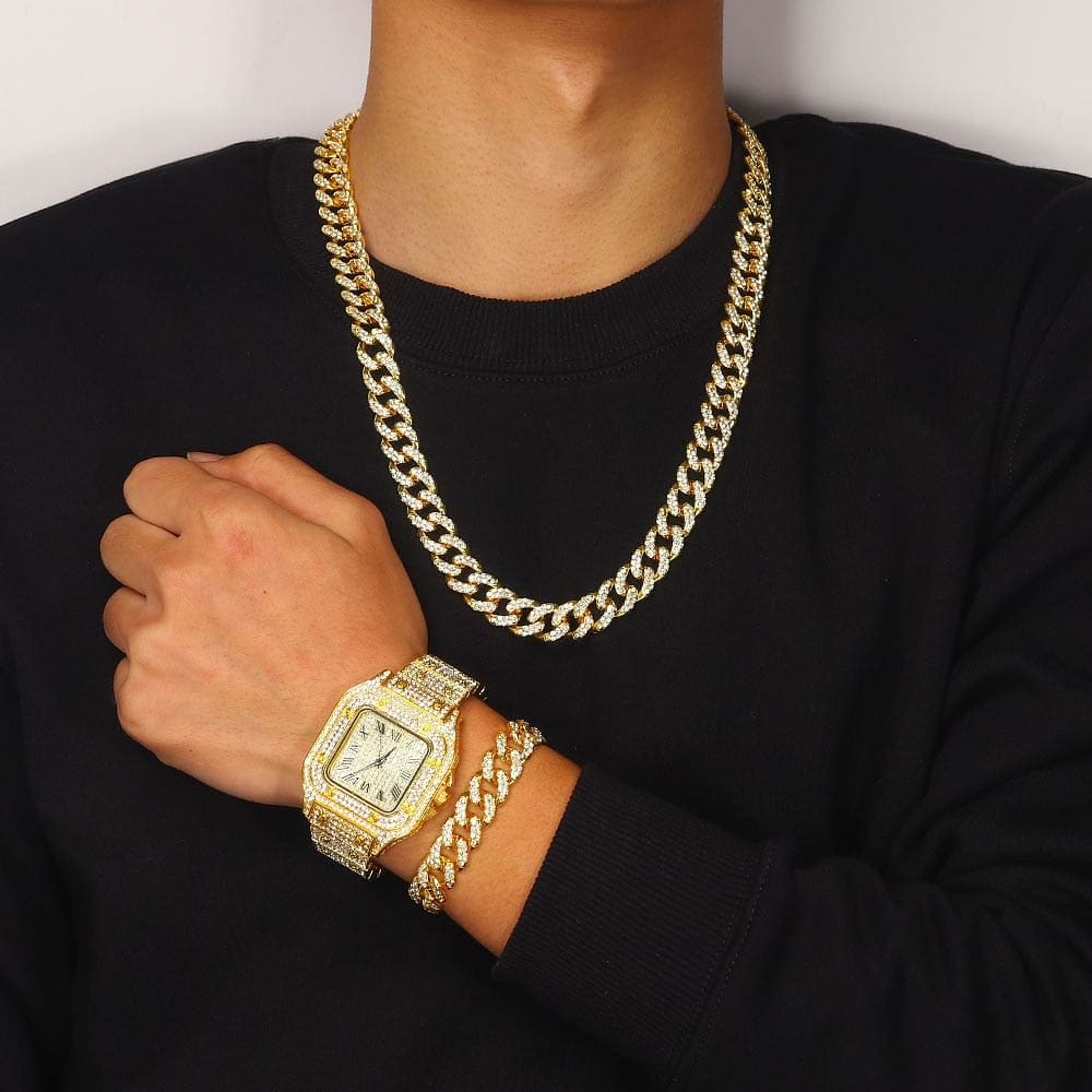 VVS Jewelry hip hop jewelry Gold / 18 Inch Iced out Cuban Chain & Cuban Bracelet Bundle + FREE Square Roman Watch
