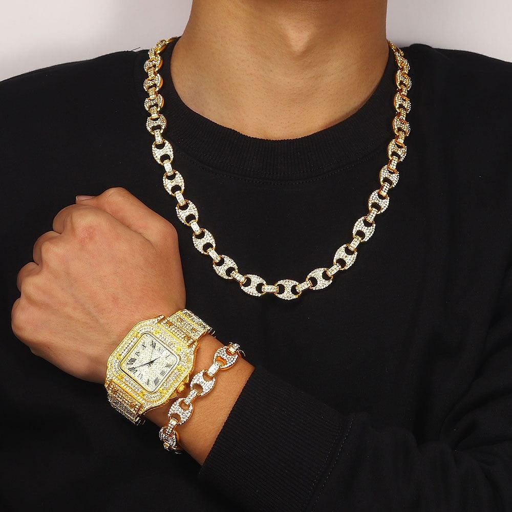VVS Jewelry hip hop jewelry Gold / 18 Inch VVS Jewelry Coffee Bean Chain and Bracelet Bundle + FREE Square Roman Watch
