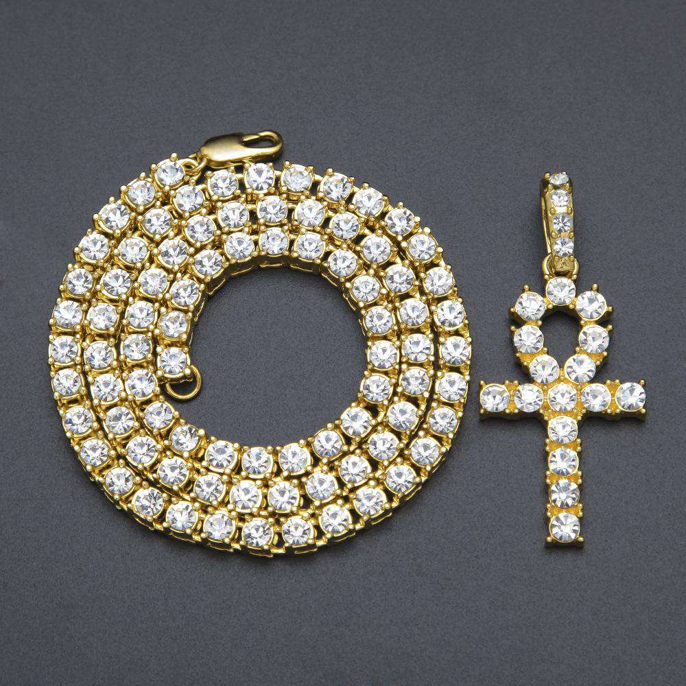VVS Jewelry hip hop jewelry Gold / 24" Tennis Chain + Ankh Pendant Set