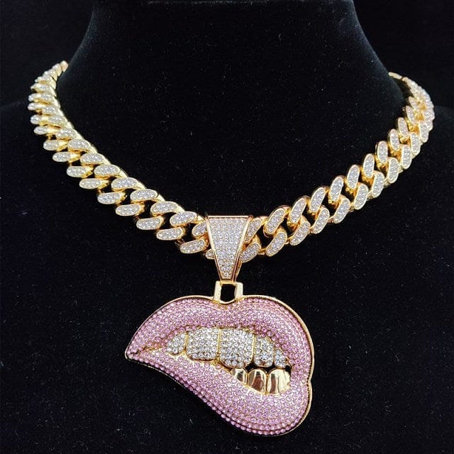 VVS Jewelry hip hop jewelry Gold / 28inch Fully Iced Out Pink Biting Lip Cuban Pendant Chain