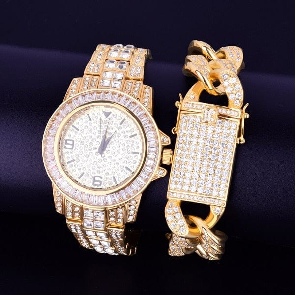 VVS Jewelry hip hop jewelry Gold 40mm Dial Iced Baguette Military Watch with Cuban Bracelet Bundle