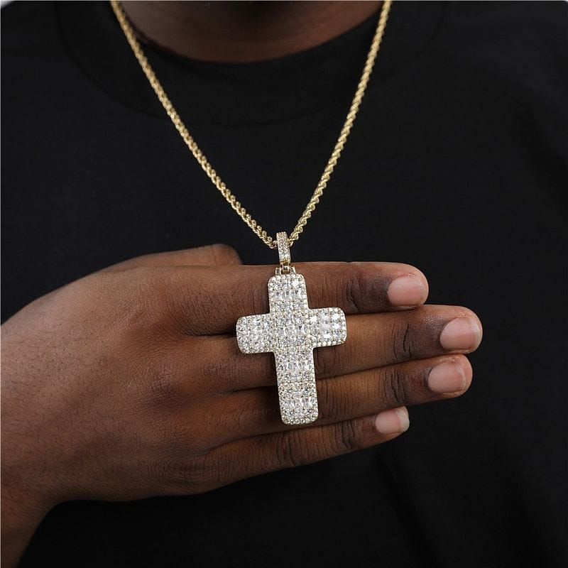 VVS Jewelry hip hop jewelry Gold / 4mm Tennis Chain / 24 Inch VVS Jewelry Fully Iced Ascher Cut Cross Pendant