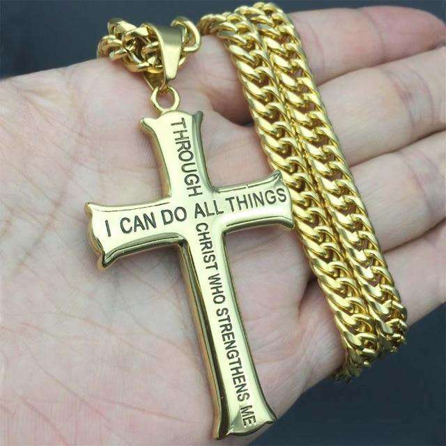 VVS Jewelry hip hop jewelry Gold / 60cm Men's Gold/Silver Stainless Steel Cross Jesus Piece Necklace Bible Verse With Curb Chain