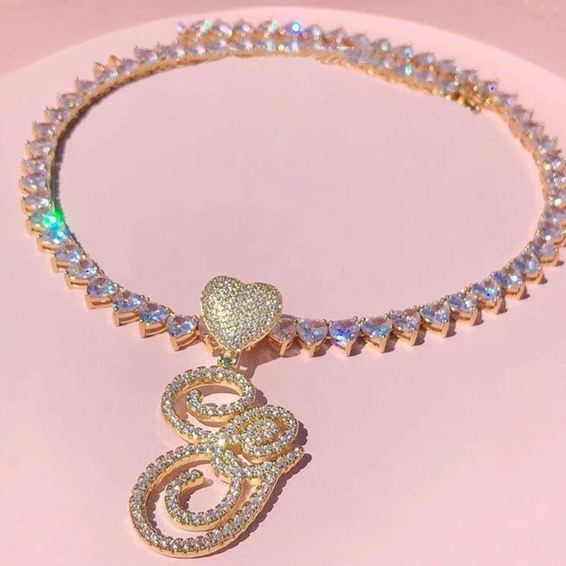 VVS Jewelry Iced Cursive Heart Initial Pendant Tennis Necklace