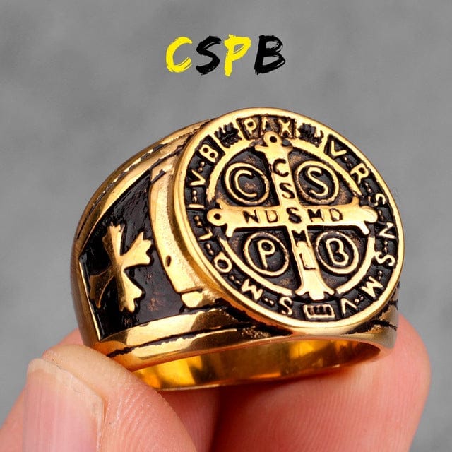 VVS Jewelry hip hop jewelry Gold Black / 12 Saint Benedict Cspb Cross Ring