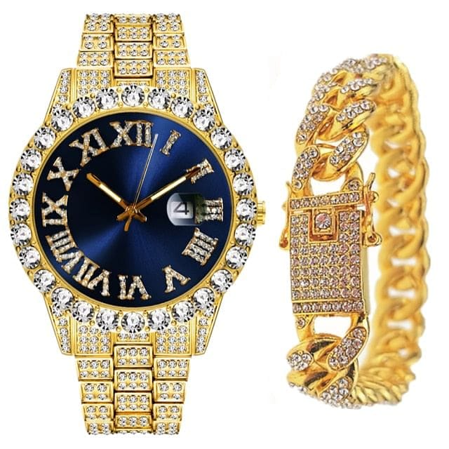 VVS Jewelry hip hop jewelry gold blue Fully Iced Bling Watch + Cuban Bracelet Bundle