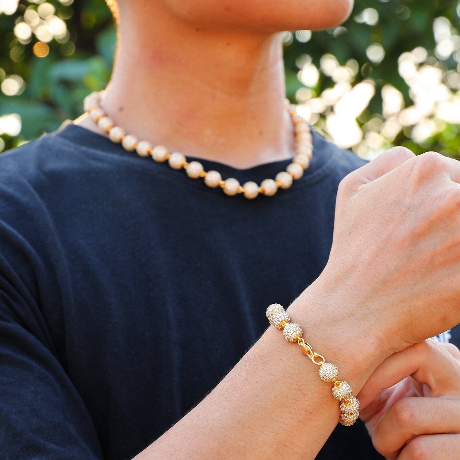 VVS Jewelry hip hop jewelry Gold Chain + Bracelet / 18 Inch & 8 Inch 10MM Prong Beads Chain + FREE bracelet