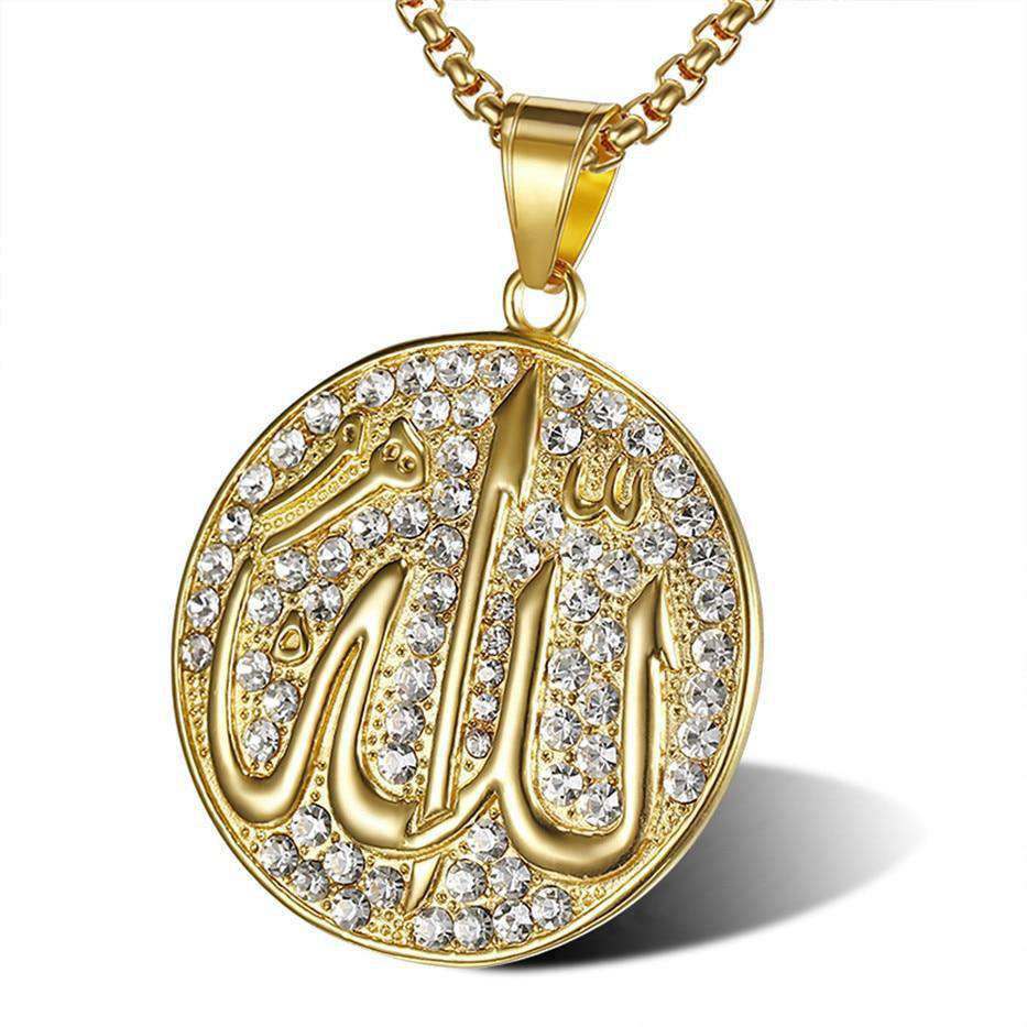 VVS Jewelry hip hop jewelry Gold Color / 50cm Allah Iced Gold Medal Pendant + Chain