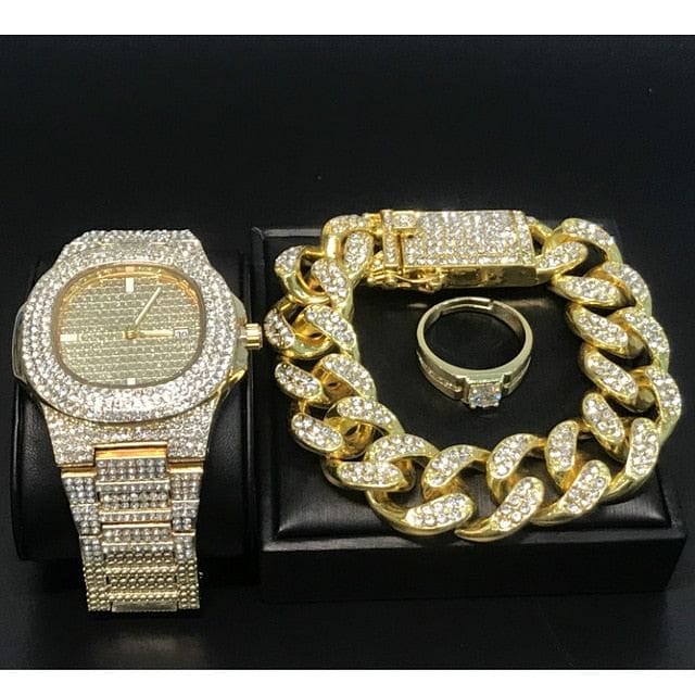 VVS Jewelry hip hop jewelry Gold Cuban Set Hype Series Set (Watch, Bracelet & Ring)