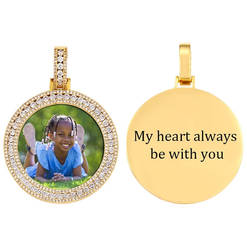 VVS Jewelry hip hop jewelry Gold-Engraved / Cuban Chain / 18 Inch Custom Round Stone Photo Pendant + FREE backside engraving