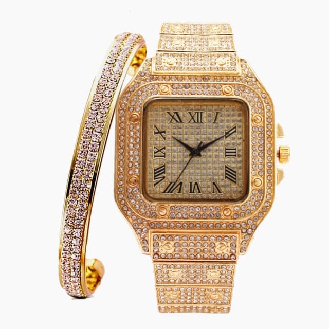 VVS Jewelry hip hop jewelry Gold Fully Iced Roman Square Bezel Watch + FREE Iced Bangle