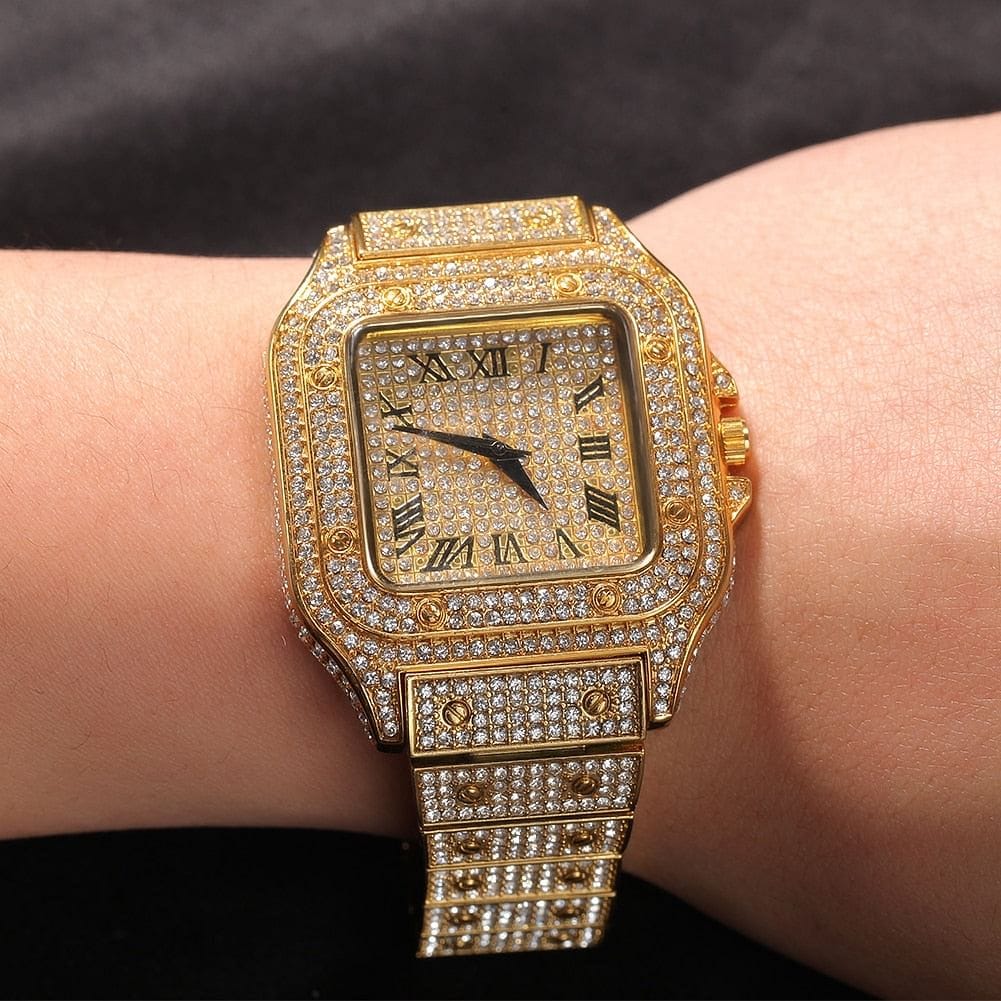VVS Jewelry hip hop jewelry Gold Fully Iced Square Stainless Steel Roman Watch