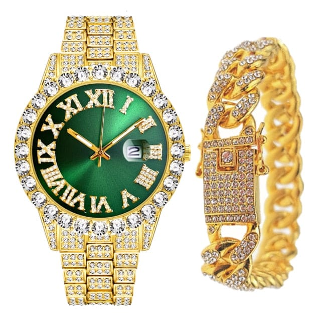 VVS Jewelry hip hop jewelry gold green Fully Iced Bling Watch + Cuban Bracelet Bundle