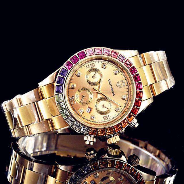 VVS Jewelry hip hop jewelry Gold Luxury Quartz Rollie Style Watch with Color Rhinestone