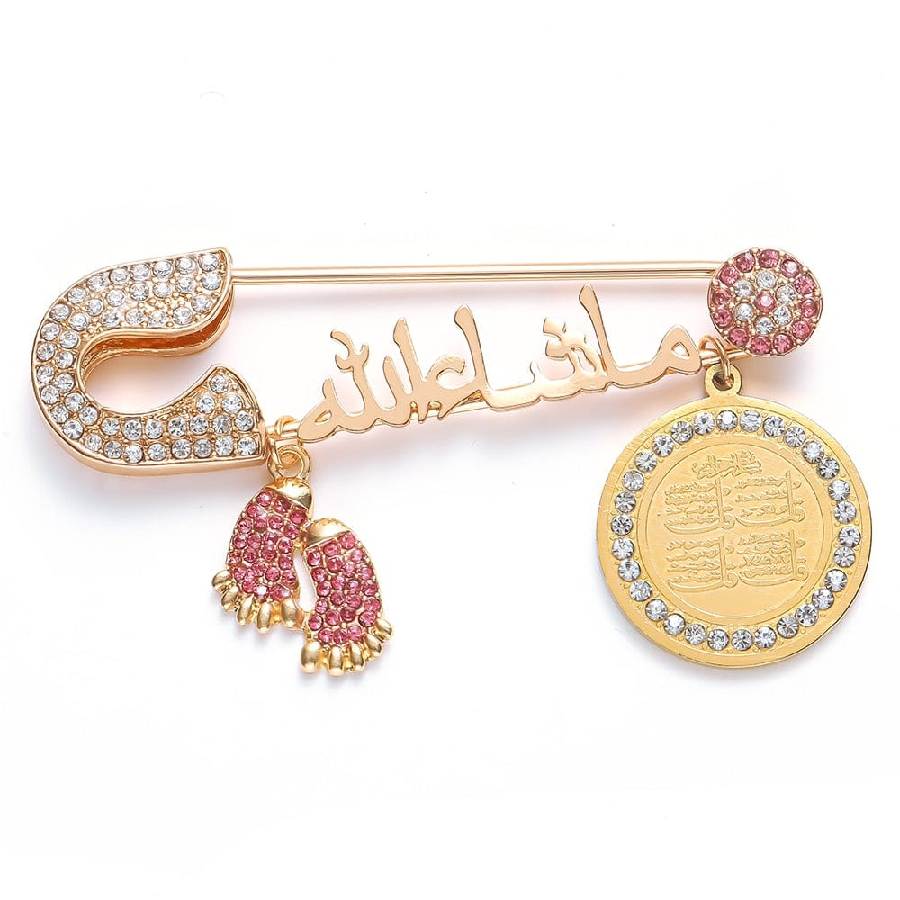 VVS Jewelry hip hop jewelry Gold - Pink Iced Out Islam Baby Pin Brooch