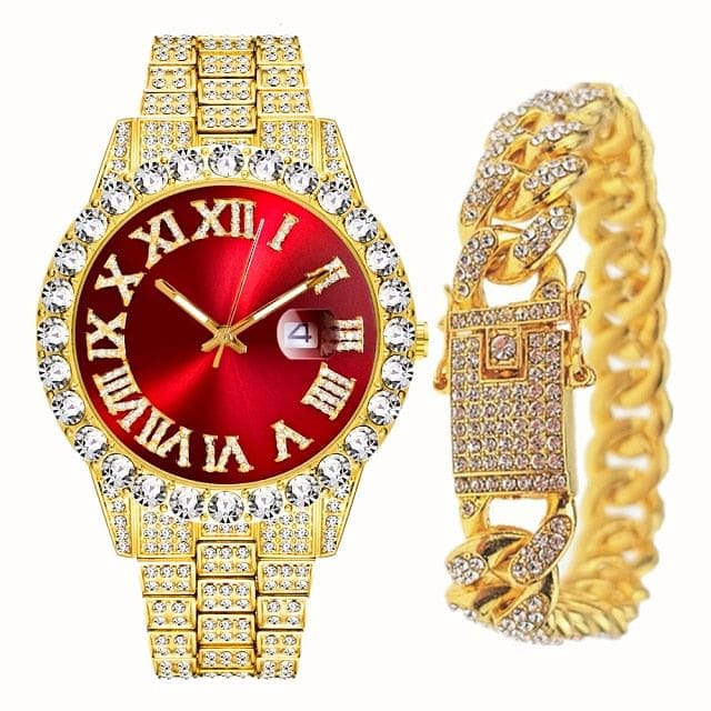 VVS Jewelry hip hop jewelry gold red Fully Iced Bling Watch + Cuban Bracelet Bundle