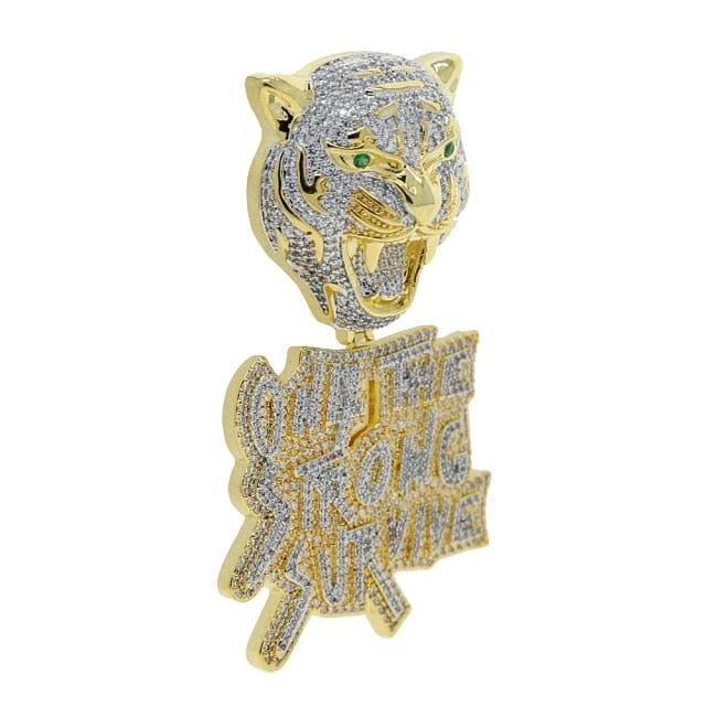 VVS Jewelry hip hop jewelry Gold / Rope Chain 18 Inch Iced Out Tiger "Only The Strong Survive" Pendant Chain
