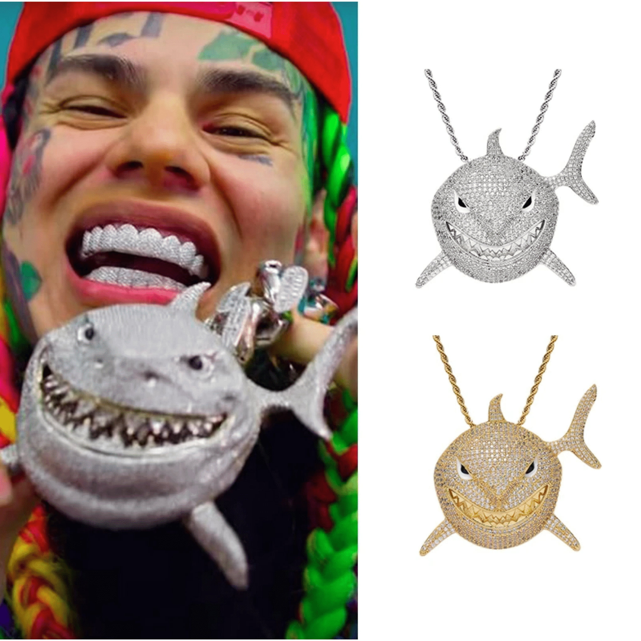 VVS Jewelry hip hop jewelry Gold / Rope Chain / 18 Inch Shark 6IX9INE Bling Pendant Necklace