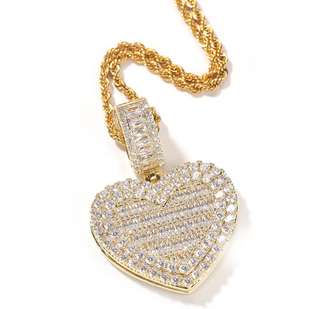 VVS Jewelry hip hop jewelry Gold / Rope chain / 18 inches Custom Photo Locket Baguette Heart Pendant