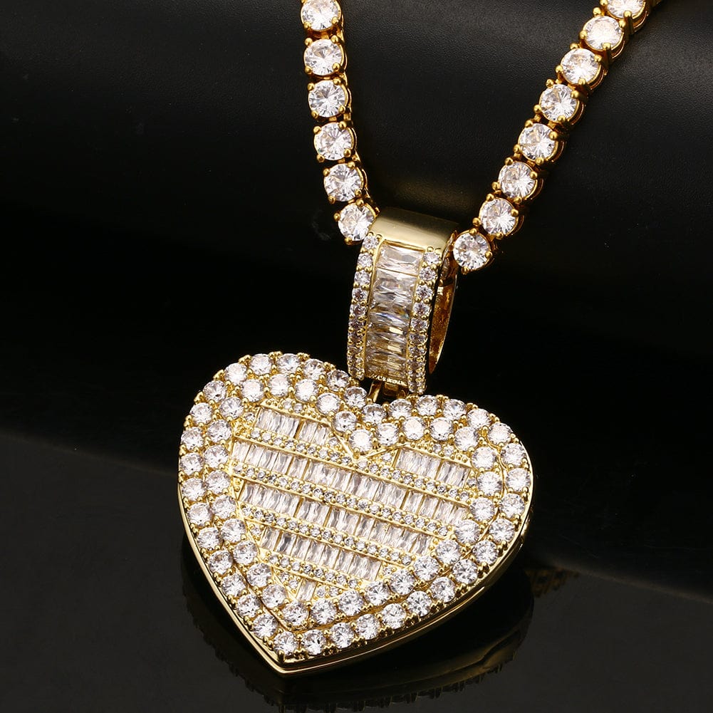 VVS Jewelry hip hop jewelry Gold / Rope Chain / 18inch Fully Iced Custom Heart Baguette Picture Pendant