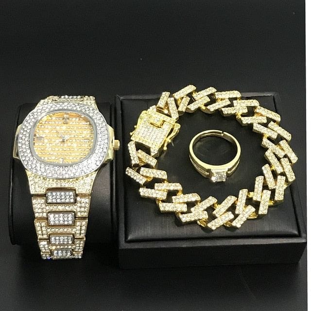 VVS Jewelry hip hop jewelry Gold S-link Set Hype Series Set (Watch, Bracelet & Ring)